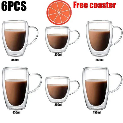 Caneca transparente de parede dupla 2-6 peças Copo de café e leite de vidro borossilicato alto resistente ao calor para casa e escritório
