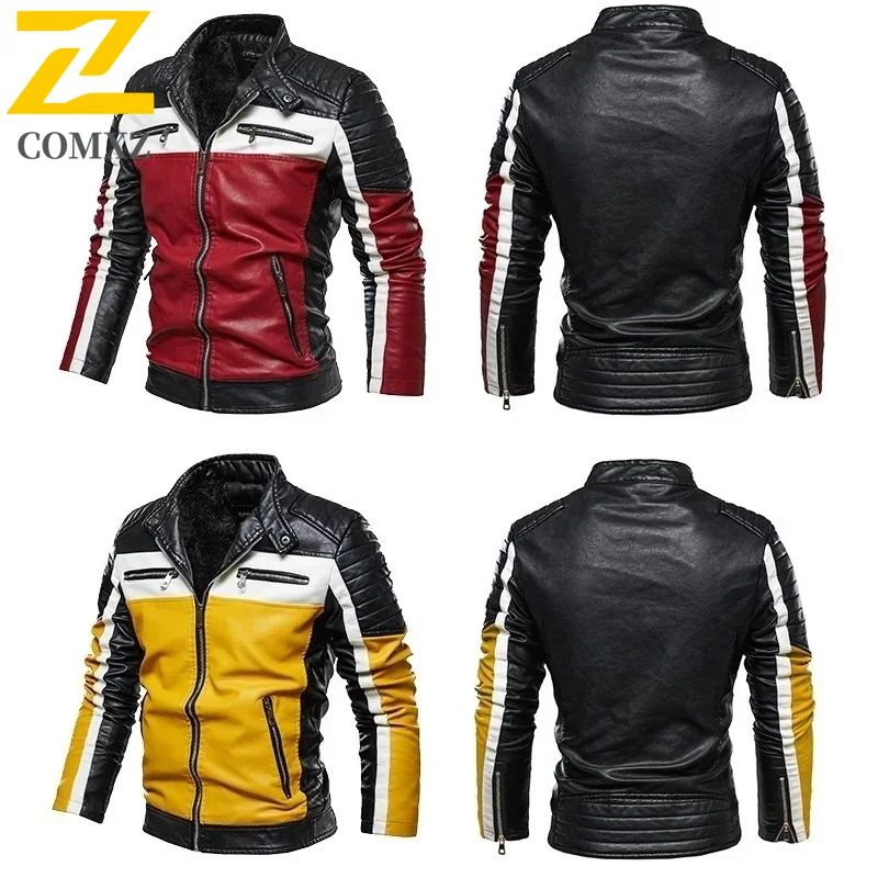 Men Yellow PU Leather Jacket Patchwork Biker Jackets  Casual Zipper Coat Male Motorcycle Jacket Slim Fit Fur Lined Outwear Coat