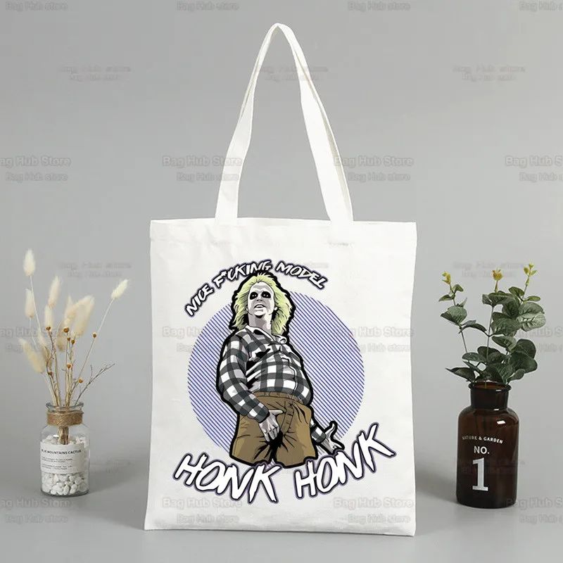 Beetlejuice Horror Gift Shopping Bag Print Original Design White Unisex Fashion Travel Canvas Bags