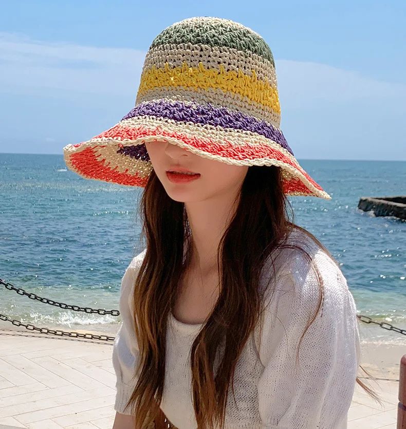 Rainbow Straw Hat Woman Summer Sun Visor Handmade Crochet Big Brim Bucket Hat Ladies Beach Sun Cap Boho Lady Girls Fashion Caps