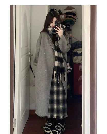 Oatmeal Color Woolen Coat Women's Loose Mid-Length Korean Style Autumn Winter New Arrival Fashion Outerwear Pure Color Full Slee