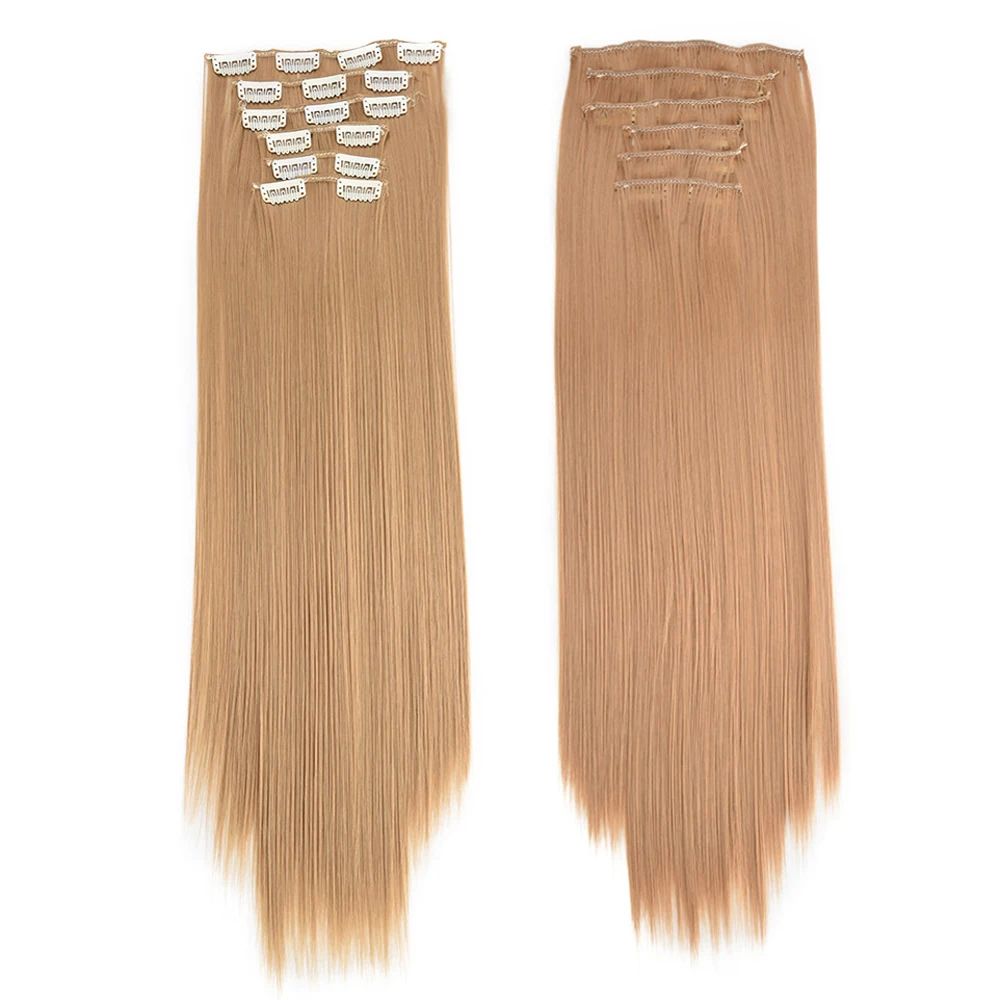 16 Presilhas em Apliques de Cabelo 60cm de Comprimento Liso Penteado Sintético Loiro Preto Perucas Resistente ao Calor Cabelo Falso 6Pçs/Conjunto