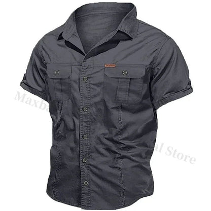 New Men's Work Shirt Casual Retro 100% Cotton Short Sleeve Flying Cargo Shirt Men's Summer Fishing Hunting Multi Pocket Shirt