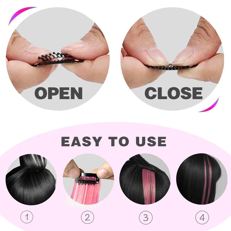 10Pcs Pink Clip in Hair Extensions Party Highlights Wig Synthetic Colored Straight Hairpiece for Girls Kids Christmas Party Use