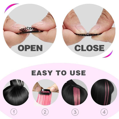 10Pcs Pink Clip in Hair Extensions Party Highlights Wig Synthetic Colored Straight Hairpiece for Girls Kids Christmas Party Use