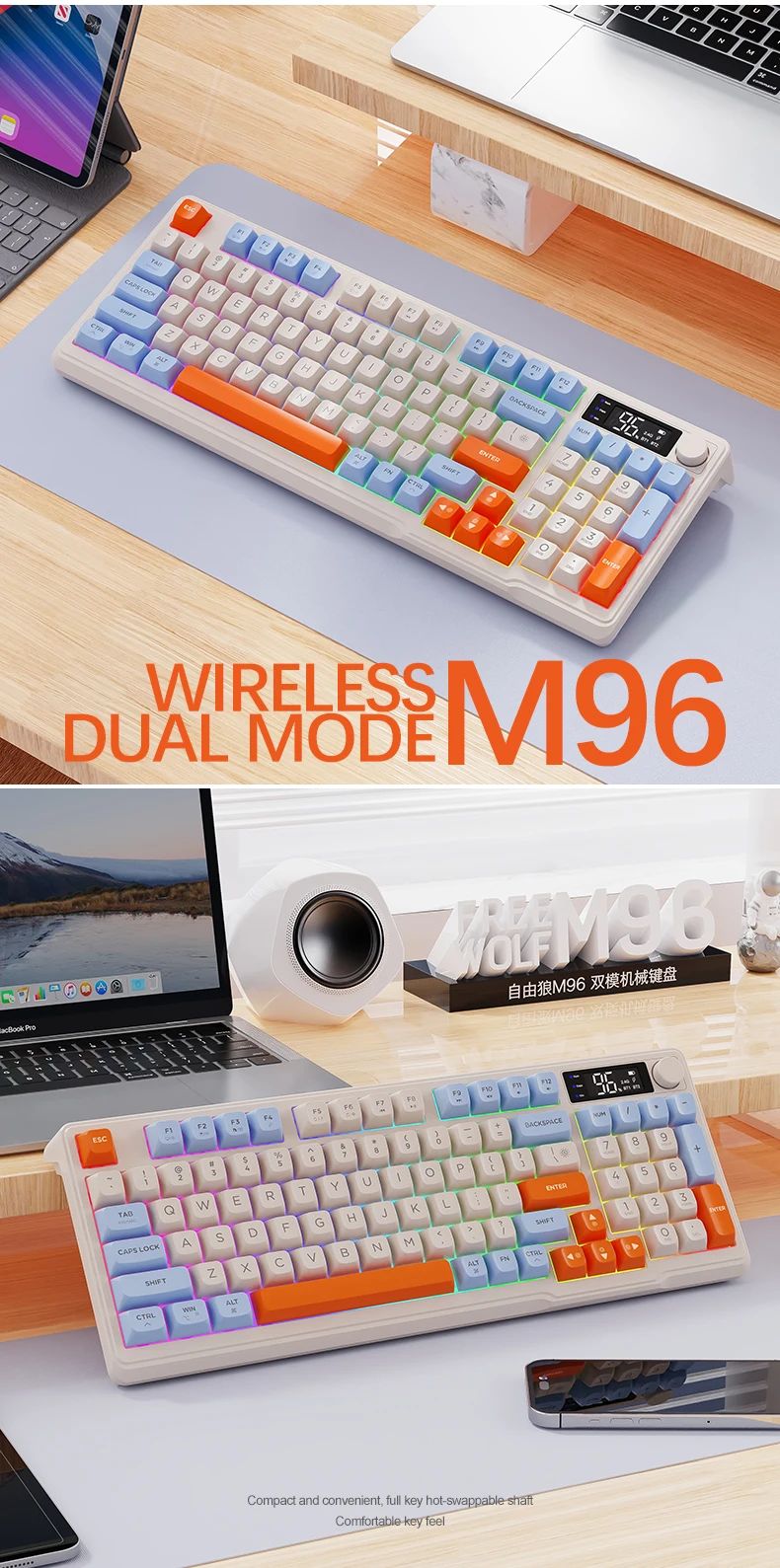 Teclado Bluetooth M96 Sem Fio FREEWOLF Teclado Gamer com Tela,Tela Eletrônica,Conexão Multi-Dispositivos,Ergonomia Gaming