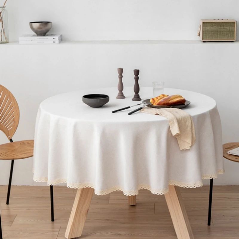 Large Round Tablecloth Solid Color Cotton Linen Waterproof Table Cloth Oil-Proof Table Cover for Kitchen Garden Restaurant