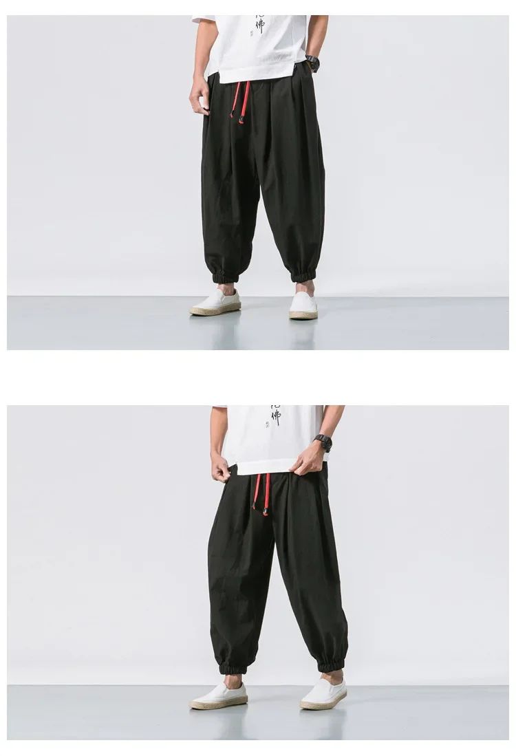 New Trendy Men Harem Pants Loose Oversized Style Cotton and Linen High Quality Jogger Sweatpants Casual Male Trousers
