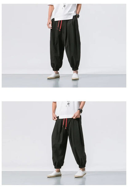 New Trendy Men Harem Pants Loose Oversized Style Cotton and Linen High Quality Jogger Sweatpants Casual Male Trousers