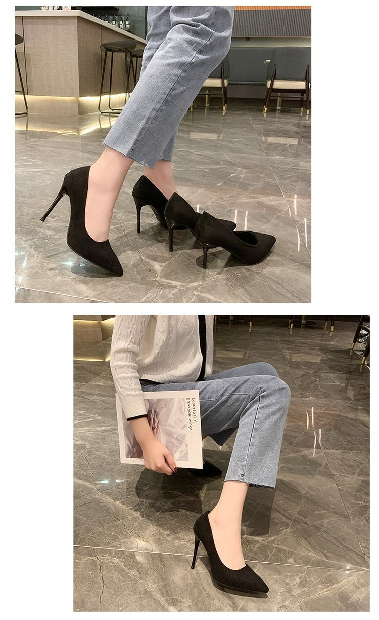 High Heels Women's New Women's Shoes Pointed Shallow Mouth Single Shoes Fine Heel Suede Black Fashion Shoes Women Large Size