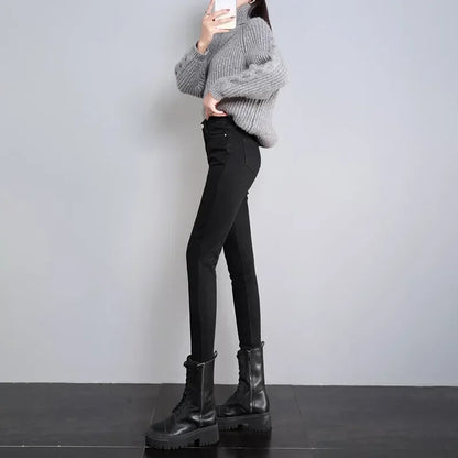 Winter Women Chic Fleece Thermal High Waist Jeans Lady Snow Warm Plush Denim Pants Girls Classic Fashion Straight Leg Trousers