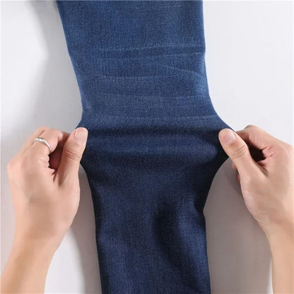 Winter Lady Thermal Plush Jeans Snow Warm Stretch Jeans Hot Sale High Waist Fleece Pants Female Straight Leg Denim Trousers