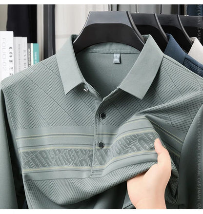 TFETTERS Elegant T Shirt for Man 2025 Spring Autumn Tops Long Sleeve Turn Down Collar Graphic Smart Casual T-shirt for Men