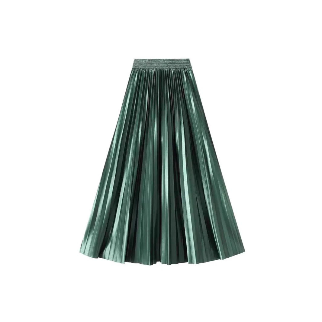 High Waist Satin Pleated Skirt 1 Meter Long Floor Length Pearl Glitter A- Line Umbrella Half Body Skirts Polyester Fiber