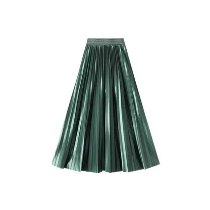 High Waist Satin Pleated Skirt 1 Meter Long Floor Length Pearl Glitter A- Line Umbrella Half Body Skirts Polyester Fiber