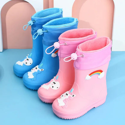 Children's Fleece-Lined Non-Slip Rain Boots For Boys And Girls Cartoon Cute Princess Style Anti-Slip Four Seasons Kids Shoes
