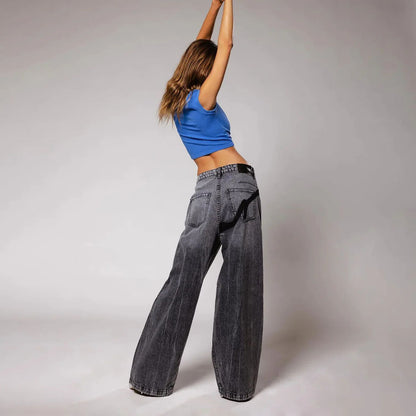 Gradient Color Bell Bottom Jeans Women's Loose Straight American Casual High Street New Autumn Pants High Waist Denim