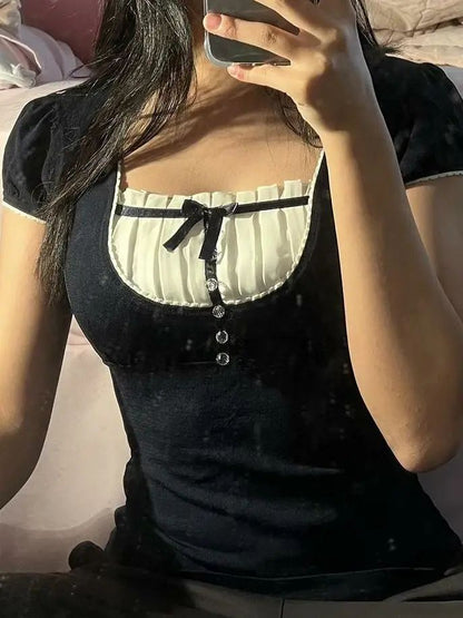 2025 New Retro Lace Tops Women y2k Gothic Sweety Shirts Short Sleeve Lace Square Neck Crop Tops and Blouses Summer Tshirt