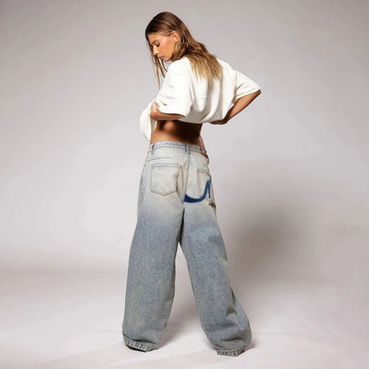 Gradient Color Bell Bottom Jeans Women's Loose Straight American Casual High Street New Autumn Pants High Waist Denim