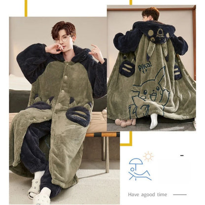 Gengar Pajamas Suit Anime Pokemon Winter Coral Fleece Nightgown Large Size of Thickened Warm Cartoon Men Hooded Home Suit Set