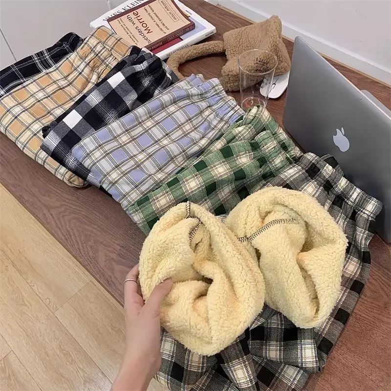 Lamb Velvet Fleece Lined Plaid Wide Leg Pants High Waist Straight Cut Winter New Casual Trousers for Women Korean Style