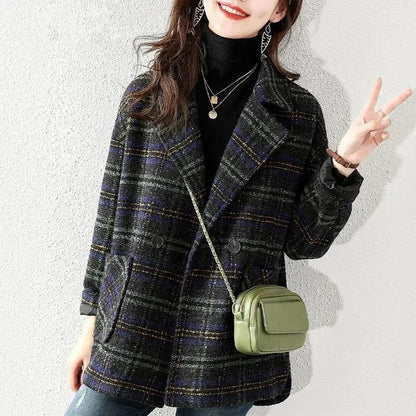 2024 New Style Women's Plaid Suit Woolen Jacket Loose Fit Vintage Checked Woolen Coat Medium Length Korean Version