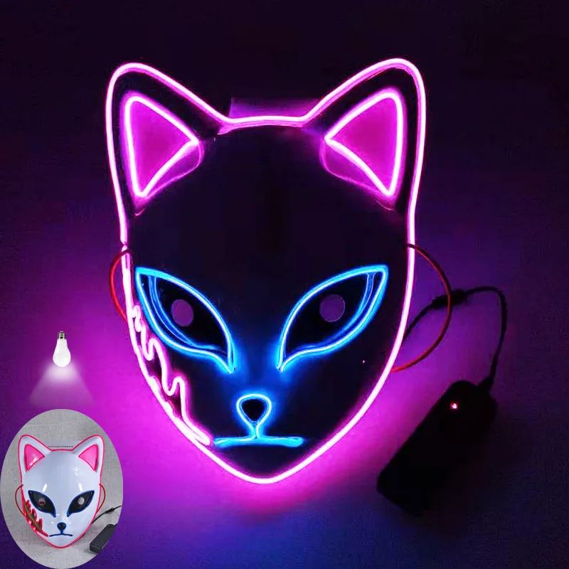 1PC Glowing Demon Slayer Led Face Mask Anime Cosplay Prop Cat Face Fox Halloween Cold Light Flashing Mask Party Costume