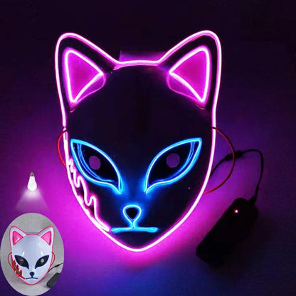 1PC Glowing Demon Slayer Led Face Mask Anime Cosplay Prop Cat Face Fox Halloween Cold Light Flashing Mask Party Costume