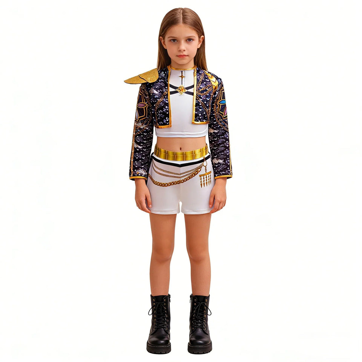 Girls Black?Gold 3D Printed Jacket Shorts Cosplay Set Kids Outfit for Stage Show Birthday Party Halloween Carnival Dress?Up