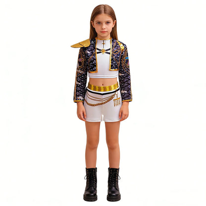 Girls Black?Gold 3D Printed Jacket Shorts Cosplay Set Kids Outfit for Stage Show Birthday Party Halloween Carnival Dress?Up
