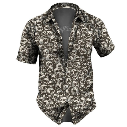 Men's casual Hawaiian lapel 3D horror skull retro printed button short sleeved shirt