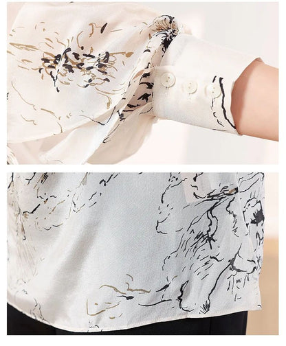 Tcyeek, 100%Real Silk Elegant Shirt, Women Long Sleeve ONeck Printed, Loose Fashion OL Blouses, 2024 Summer Autumn T47116QM