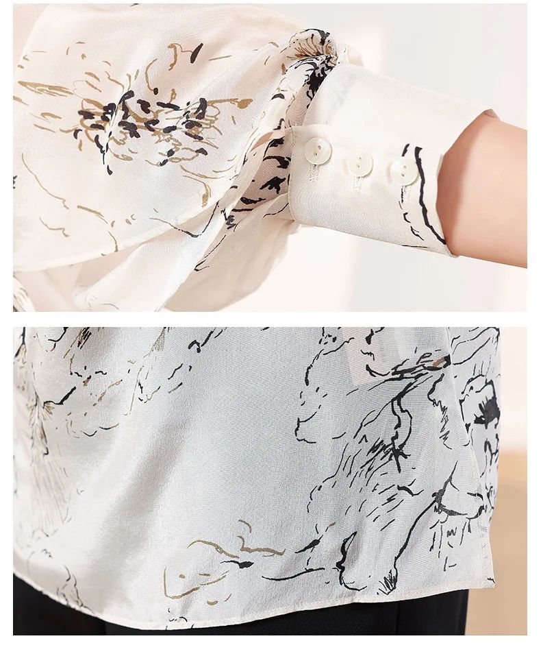 Tcyeek, 100%Real Silk Elegant Shirt, Women Long Sleeve ONeck Printed, Loose Fashion OL Blouses, 2024 Summer Autumn T47116QM