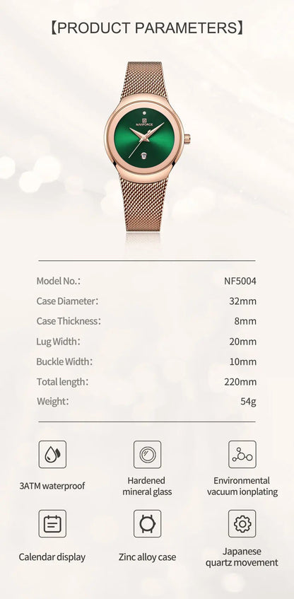 NAVIFORCE Luxury Green Analog Date Quartz Fashion Ladies Watches Mesh Steel Strap Waterproof Business Women Wristwatch Clocks