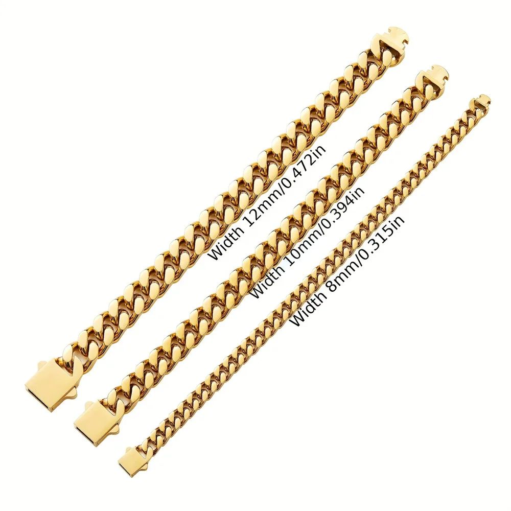 Pulseira Acessório Masculina de Aço Inoxidável 316 Banhada a Ouro 18k, Corrente Cubana Criptografada de 8, 10, 12mm, Estilo Miami Rap Hip Hop