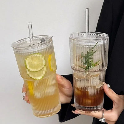 Copo de Café de Vidro Listrado 600ML com Tampa e Canudo Copos Transparentes para Suco Leite Chá Canecas de Café Gelado Utensílios para Beber