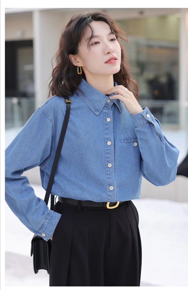 2024 New Vintage Loose-Fit Denim Shirt Women's Petite Top Commuter Jacket Fashionable Through-The-Year Style