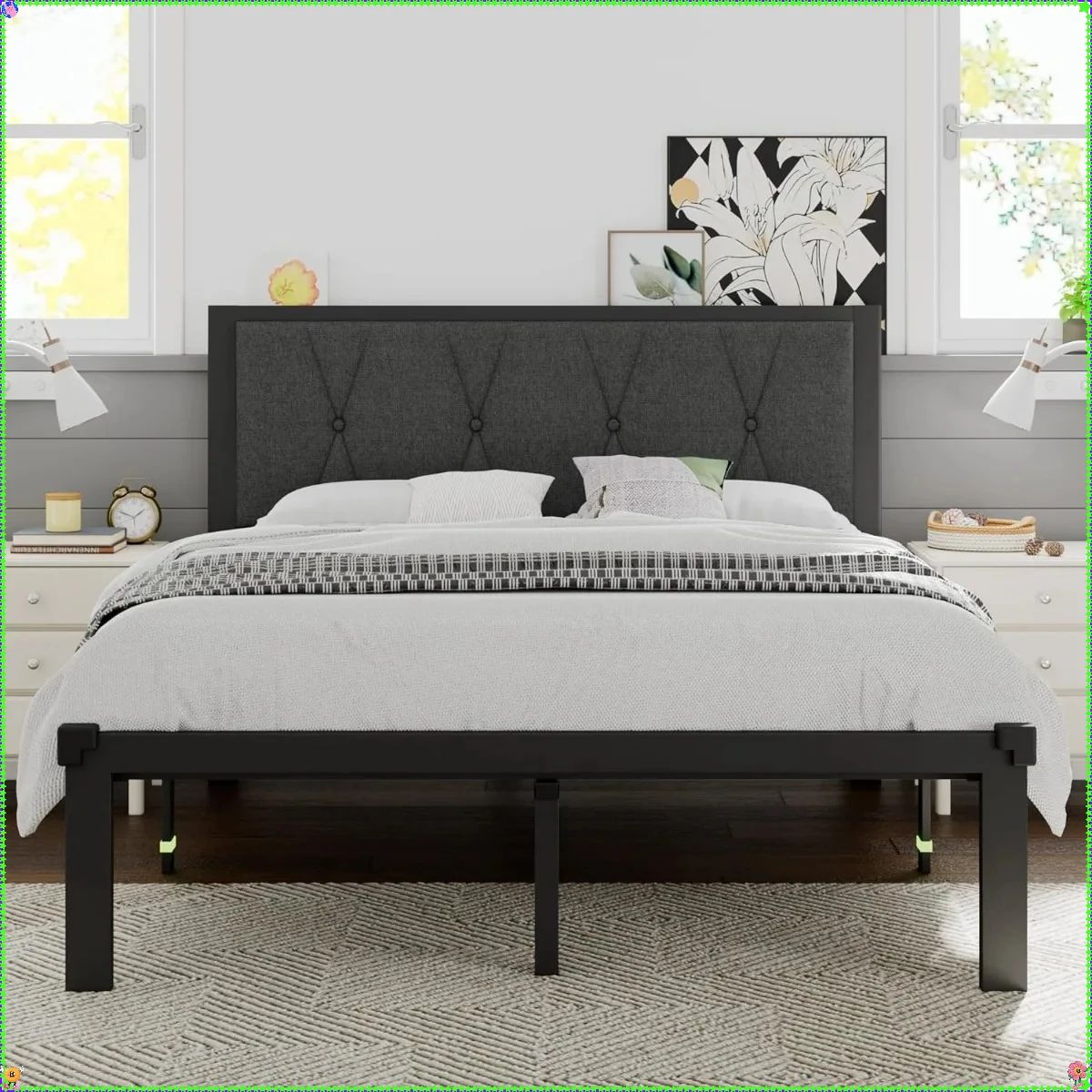 Estrutura de Cama Queen de Metal Cinza Escuro, Cabeceira Estofada e 30cm de Armazenamento sob a Cama - Plataforma sem Ruído