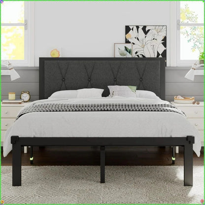 Estrutura de Cama Queen de Metal Cinza Escuro, Cabeceira Estofada e 30cm de Armazenamento sob a Cama - Plataforma sem Ruído