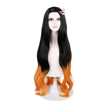 Peruca Sintética de Alta Qualidade para Cosplay de Anime Demon Slayer Kamado Nezuko, Cabelo Cacheado Longo de 81 cm, para Halloween, Carnaval, Festa Diária