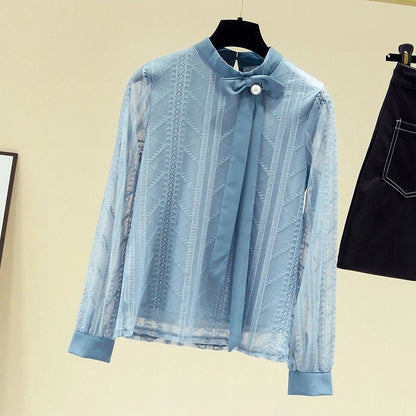 Women Blouse Shirt New Long Sleeve Stand Collar Elegant Lace-up Blouse Shirt Women Tops Blouses Shirts Blusas Camisas 2025 Q687