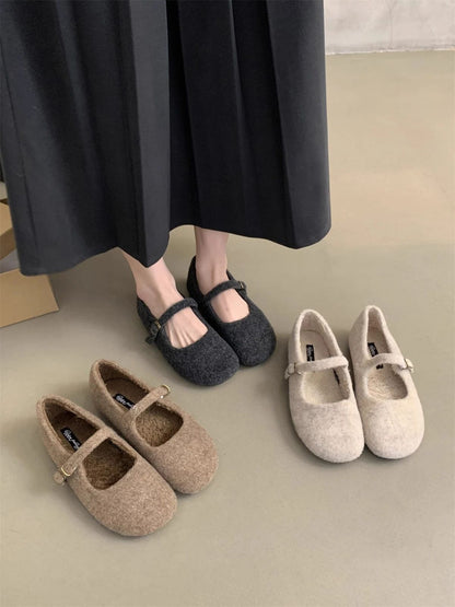 Fashion Square Toe Fleece Flet Ballet Flats Woman Winter Warm Wool Mary Jane Shoes Ladies Brand Design Elegant Plush Loafers