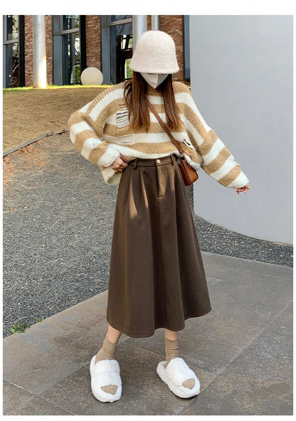 High Waist Plus Size Women Skirt Spring Women Clothing High Waist Hepburn Style Mid-Length A-Line Skirt New Casual Solid Skirts