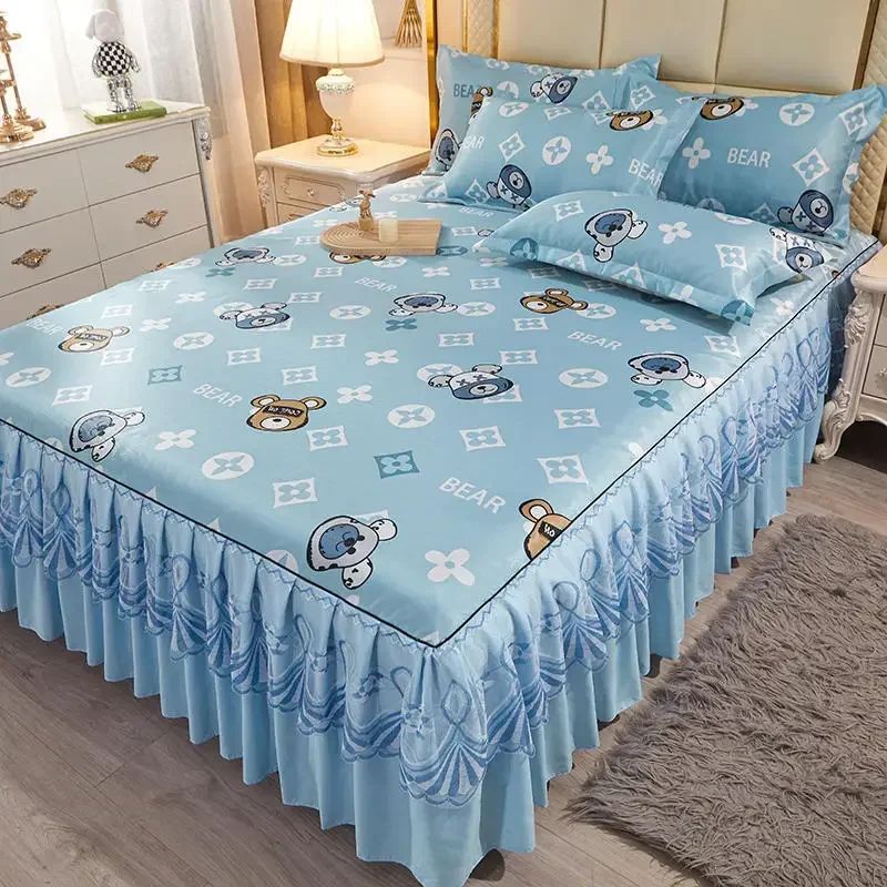 Kit 3 Peças de Lençol de Casal com Renda Clássica Azul Royal, Saia para Cama, Colcha de Casamento Lavável à Máquina, Capa de Colchão