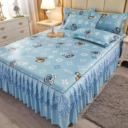 Kit 3 Peças de Lençol de Casal com Renda Clássica Azul Royal, Saia para Cama, Colcha de Casamento Lavável à Máquina, Capa de Colchão