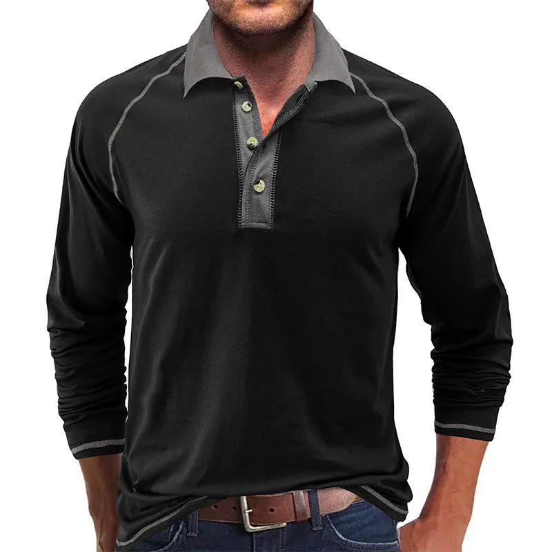 American Men's Autumn Long Sleeve Lapel Henley T-shirt POLO Basic Shirt  Mens Tops
