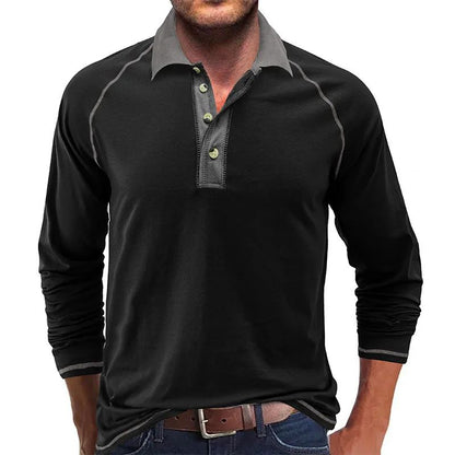 American Men's Autumn Long Sleeve Lapel Henley T-shirt POLO Basic Shirt  Mens Tops