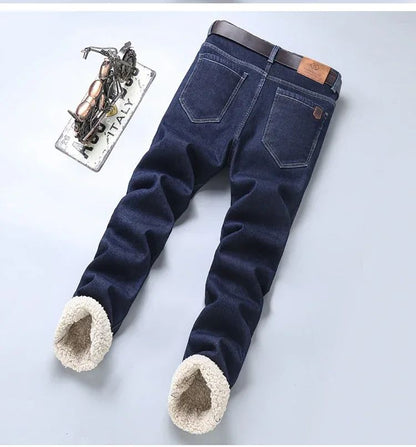 Calça Jeans Masculina de Inverno Forrada de Lã Grossa Sherpa Casual de Negócios Veludo Reta Masculina de Lã Pelúcia Clássica Elástica