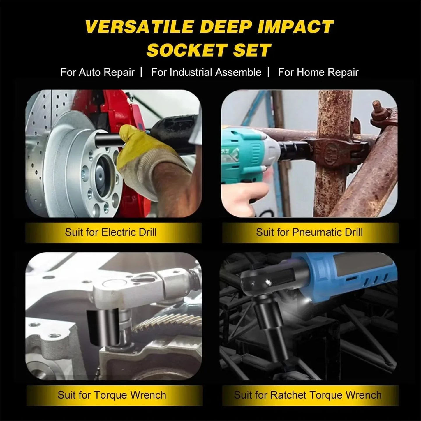 10pcs 1/2 Drive Metric Impact Socket Set Heavy Duty Universal Deep Socket Wrench for Air Pneumatic Repair Tools
