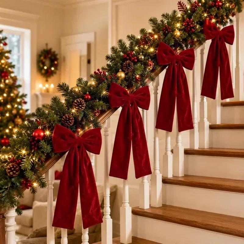 Large Size Bowknot Pendant Hanging Xmas Ornament DIY Home Party Christmas Tree Decorations Velvet Bow Burgundy Style Supplies
